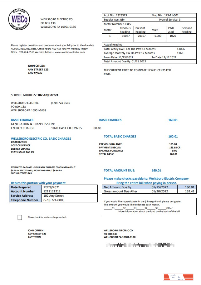 USA Pennsylvania Wellsboro Electric utility bill template in Word and PDF format